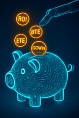Robotic Arm Filling Digital Piggy Bank Made of Circuits with Tokens Labeled ROI, BTC, ETF, Growth — Modern Savings Concept Art