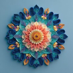 Intricate floral mandala in paper quilling art style, layered strips creating 3D depth with joyful colors, perfect for bohemian decor and mindful craft branding