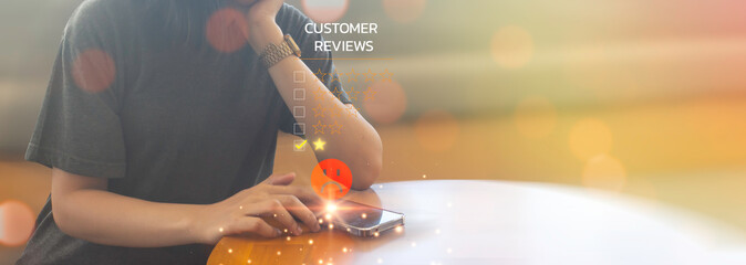  Bad review and service dislike poor quality, low rating, bad social media not good. Woman  rate dissatisfaction with sad face icon with one star. Customer Experience dissatisfied Concept.