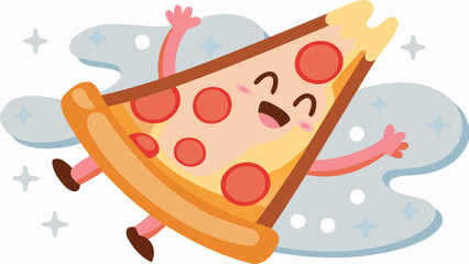 Cartoon pizza slice with a happy face and arms and legs floating in a starry sky background design