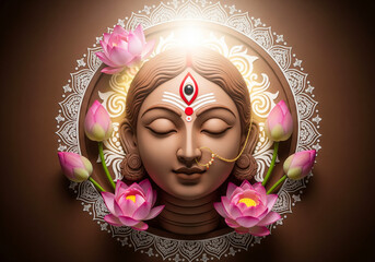 Hindu festival durga puja goddess durga face made of clay and lotus flower decorations