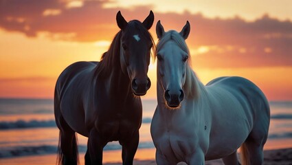 Majestic Sunset Duo: Black and White Horses on Beach