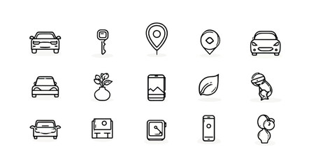 Set of Minimalist Icons Depicting Modern Life Elements Including Transportation Navigation Technology and Leisure Activities