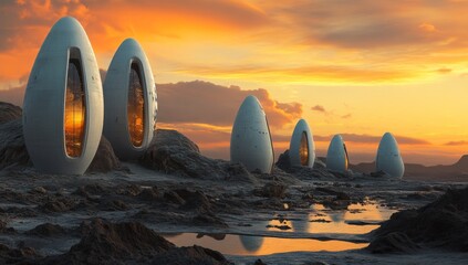 A realistic photo of futuristic, large alien-egg-shaped buildings on Mars, with a rocky terrain and an orange sky. The scene is set in the evening light, showcasing 