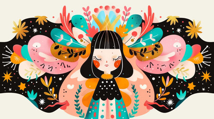Fototapeta premium Symmetrical vector background with stylized female figure among nature and stars. Cartoon illustration.