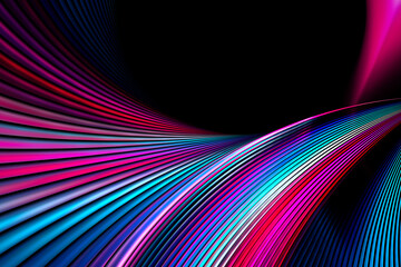 Abstract geometric neon lines background. Fractal render with copy space. Colorful glowing curves pattern.
