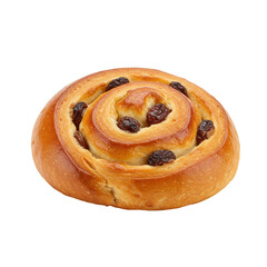 Freshly baked cinnamon roll with raisins on a clean surface, ideal for dessert or breakfast settings