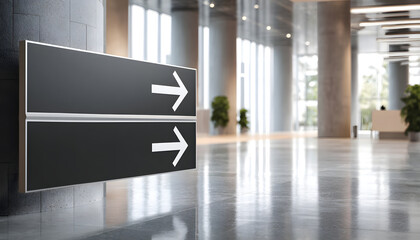 Clean indoor wayfinding signs mockup for modern office spaces. Features minimalist directional signage with arrows indicating left, right paths. Contemporary design facilitates navigation in bright,