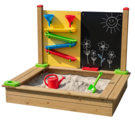 wooden sandbox with water play features and chalkboard for kids