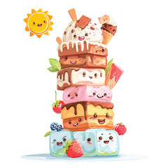 Tower of Kawaii Cartoon Ice Cream and Treats with Smiling Faces and Bright Sun for Summer Fun
