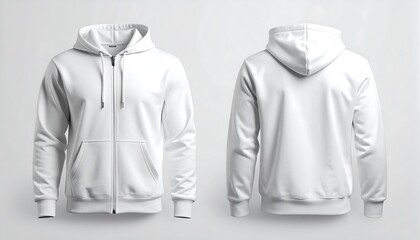Front and back view of blank white zipped hoodie sweatshirt template for branding