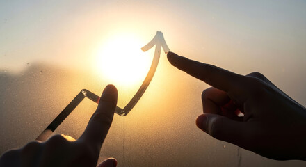 Hands Touching Upward Graph Line Against Sunset Sky for Business Growth Concept