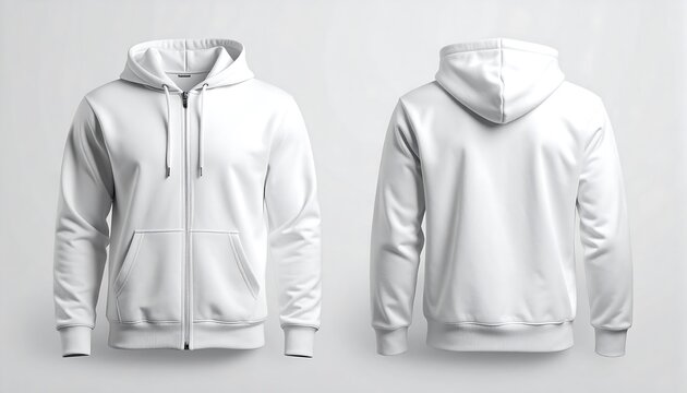 Front and back view of blank white zipped hoodie sweatshirt template for branding