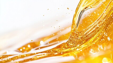   A zoomed-in image of yellow liquid being splashed onto a white background, with a blue sky visible in the background