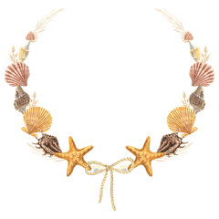 Wreath with whimsical seashells, starfish and rope bow. Hand drawn watercolor illustration of semicircular frame with marine elements on isolated background. Design for cards, invitations or posters.