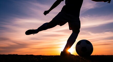 A silhouette of a soccer player kicking a ball against a vibrant sunset sky, representing sports and athletic activity