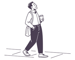 A man in casual clothes walks down a sidewalk holding a coffee cup and a messenger bag