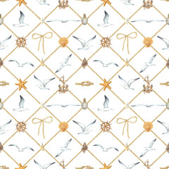 Fototapeta premium Marine seamless pattern with a seagulls in various poses, steering wheel, rope bow, shells, anchor, on a white background. Hand drawn watercolor illustration in nautical style for fabric, wallpaper.