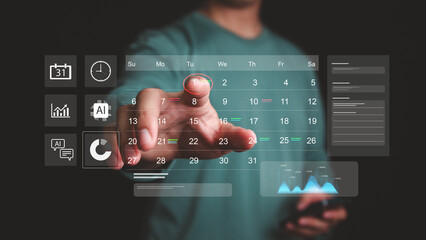 Businessman manages time for efficient work and project analysis, Ai technology time management concept, highlight appointment reminders and agenda on calendar, virtual screen calendar.