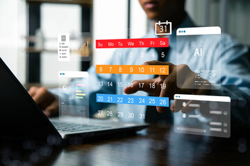 Businessman manages time for efficient work and project analysis, Ai technology time management concept, highlight appointment reminders and agenda on calendar, virtual screen calendar.