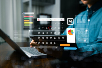 Businessman manages time for efficient work and project analysis, Ai technology time management concept, highlight appointment reminders and agenda on calendar, virtual screen calendar.