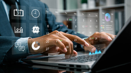 Businessman manages time for efficient work and project analysis, Ai technology time management concept, highlight appointment reminders and agenda on calendar, virtual screen calendar.