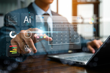 Businessman manages time for efficient work and project analysis, Ai technology time management concept, highlight appointment reminders and agenda on calendar, virtual screen calendar.