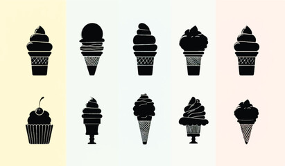 Variety of Ice Cream and Cupcake Black Silhouette Vector Designs for Food Illustrations and Sweet Treat Concepts