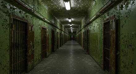 Creepy Green Hallway with Prison Doors and Flickering Lights &ndash; Horror Concept 