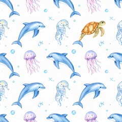 Fototapeta premium Watercolor Seamless Pattern Smiling Ocean Animals Dolphins Turtles Jellyfish
