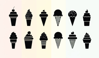 Variety of Ice Cream Cones in Black Silhouette Designs Offering a Sweet and Refreshing Summer Treat for Everyone