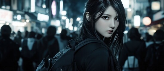 Young woman with dark hair looks over her shoulder in a crowded nighttime street