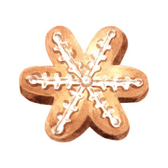 Christmas gingerbread starshape with glase watercolor illustration for food or menu design. Childrens sweet treat. Hand drawn isolated traditional cookies for cozy winter holiday in sketch for card.
