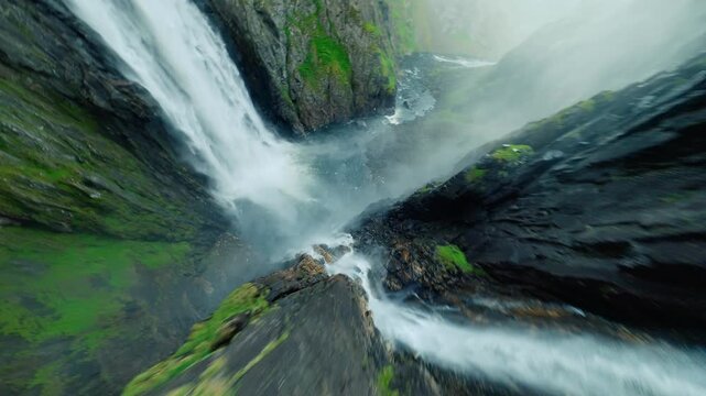 Aerial view of the powerful Voringsfossen waterfall cascading down rugged cliffs, creating a misty spectacle of water and rock, Voringsfoss, Vestland, Norway.