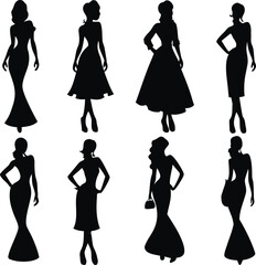 Elegant Women Silhouettes in Various Dresses and Poses on a White Background
