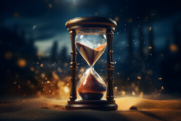 A concept of time represented by an hourglass filled with golden sand, symbolizing the fleeting nature of moments.