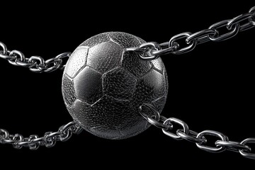 A metallic soccer ball, textured and seemingly weighty, is bound by two intersecting heavy chains against a stark black background.  The chains suggest constraint or entrapment