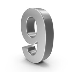 3D Number Nine Metallic Silver Digit Nine Render  png