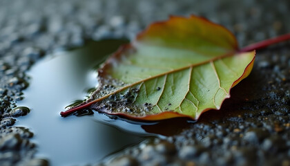 Sharp Macro Shot of a Leaf Covered in Oil Residue on a Polluted Puddle, Highlighting Environmental Damage