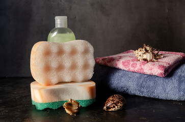Personal hygiene items for spa, towels on a table close-up