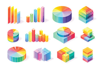 Vibrant Isometric Data Visualization Graphics for Business and Analytics Presentation with Colorful Charts and Graphs in Vector Format
