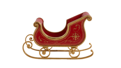 Vintage red and gold miniature sleigh with elegant ornaments on isolated background