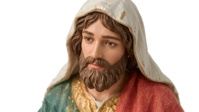 Detailed religious figurine with hooded robe and thoughtful expression in soft light