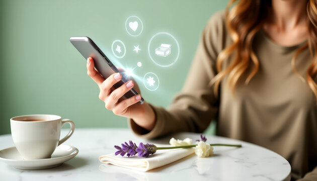 Mobile shopping with floral background, woman using phone with glowing icons at café table; coffee and lavender on marble surface. Digital retail meets comfort..