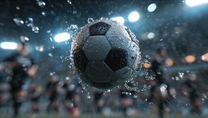 A rain-soaked soccer ball in mid-air, surrounded by blurred players and a stadium backdrop under bright lights