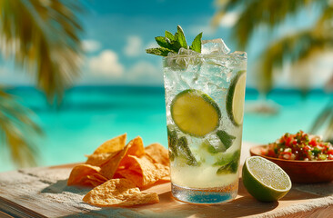 Mojito cocktail with lime, mint and nachos on a tropical beach