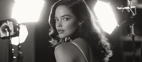 A black and white portrait of a woman looking over her shoulder, lit by studio lights