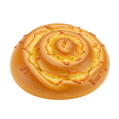 A beautifully crafted spiral bread roll with a golden crust, set against a plain background