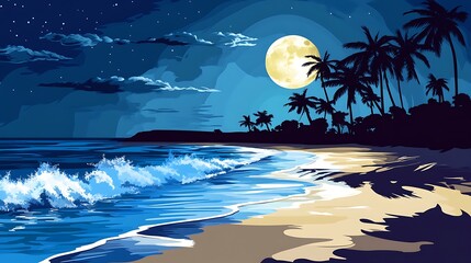 Silhouetted palms sway by the ocean as moonlight casts a peaceful glow on the softly lapping waves.

