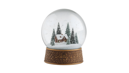 Enchanting snow globe with cozy house and pine trees amidst a winter wonderland